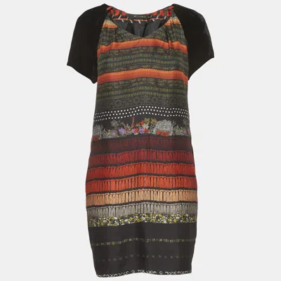 Pre-owned Etro Black Abstract Print Silk Blend And Velvet Mini Dress M