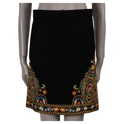 Pre-owned Etro Black & Multicolour Wool Felt Embroidered Mini Skirt S
