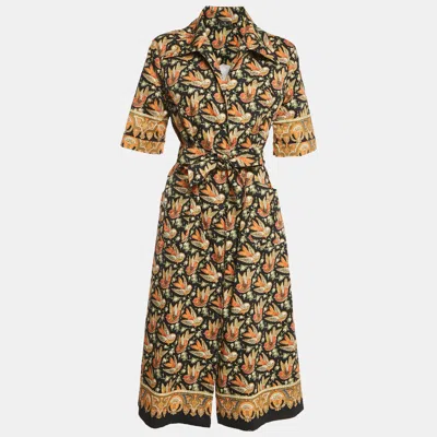 Pre-owned Etro Black Bird Print Cotton Button Front Shirt Dress L