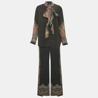 Pre-owned Etro Black Black Printed Silk & Crepe Top & Pants Set S/m