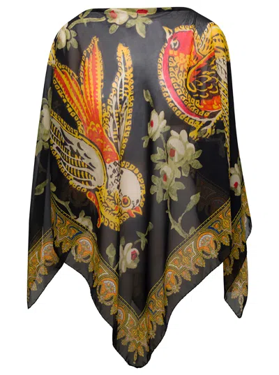 Etro Black Cape With Straight Neckline And Graphic Print In Silk Woman  In Multicolor