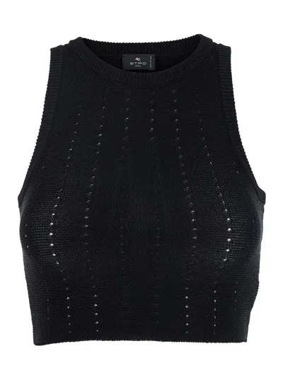 ETRO BLACK CROP TOP WITH KNITTED DESIGN AND OPENWORK DETAIL IN COTTON BLEND WOMAN