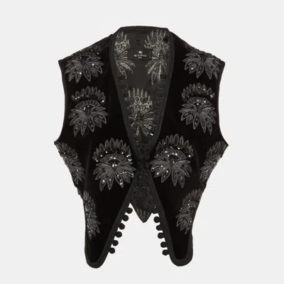 Pre-owned Etro Black Embroidered & Beaded Velvet Vest Jacket L