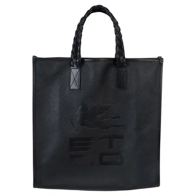 Pre-owned Etro Black Grained Leather Logo Tote Bag
