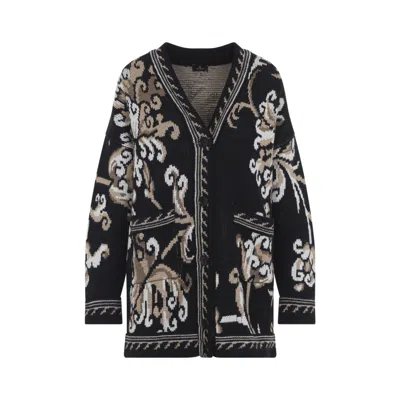 Etro Black Jacquard V Neck Cardigan