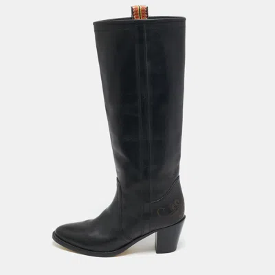 Pre-owned Etro Black Leather Western Carving Cowboy Knee Length Boots Size 40