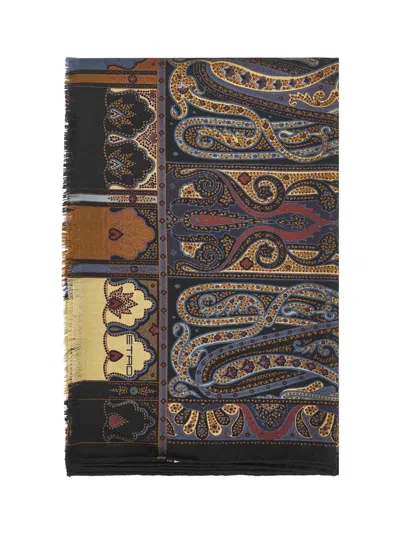 ETRO BLACK PAISLEY PRINT WOOL AND SILK SCARF