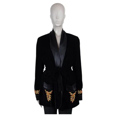 Pre-owned Etro Black Polyester 2023 Embroidered Velvet Belted Jacket 42 M
