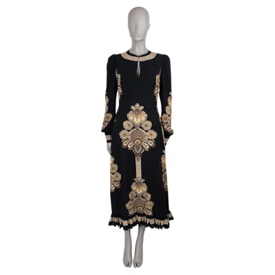 Pre-owned Etro Black Polyester 2024 Floral & Paisley Midi Dress 44 L