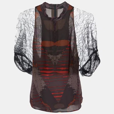Pre-owned Etro Black Printed Silk & Lace Mock Neck Blouse S
