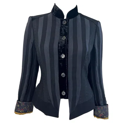 Pre-owned Etro Black Silk Blend Size 44 / Us 8 Military Inspired Jacket W/ Flower Cuffs