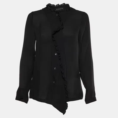 Pre-owned Etro Black Silk Chiffon Button Up Ruffle Blouse M