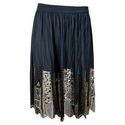 Pre-owned Etro Black Silk Embroidered Buildings Skirt