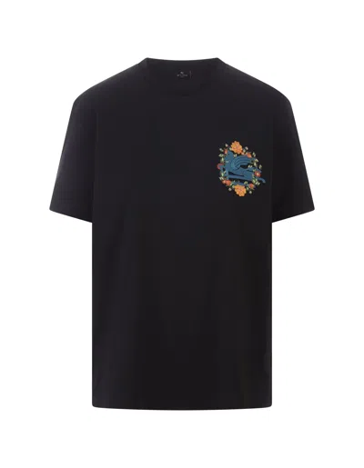 Etro Black T-shirt With Embroidery In Purple