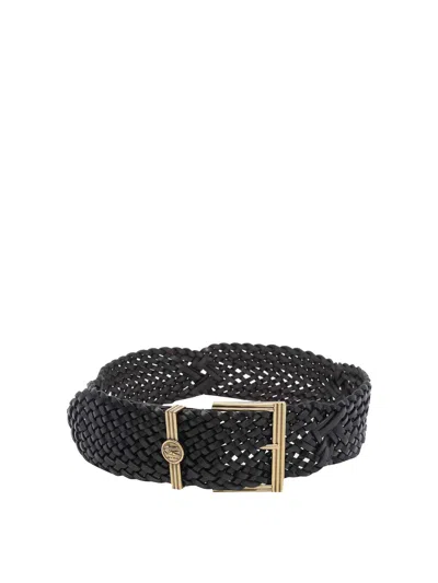 Etro Black Woven Leather With Coin Buckle Belt In Transparent