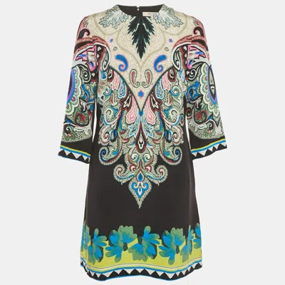 Pre-owned Etro Black/green Paisley Print Silk Shift Dress M