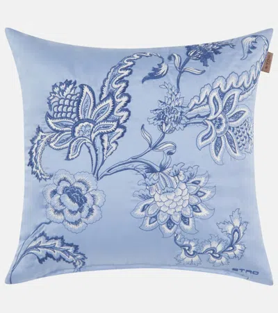 Etro Besticktes Kissen Bloom Aus Baumwolle In Blue