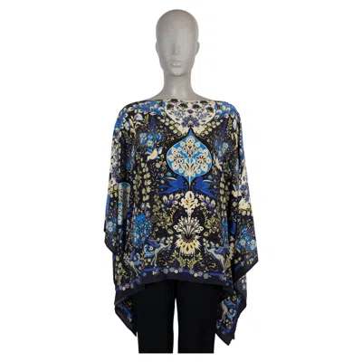 Pre-owned Etro Blue & Black Silk 2022 Arabesque Poncho Blouse Shirt Os