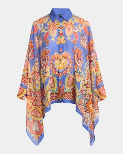 Etro Blue Bouquet Button-down Poncho In Multi