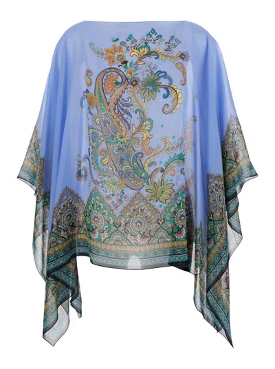Etro Blue Cape With All-over Paisley Print In Silk Woman In Multi