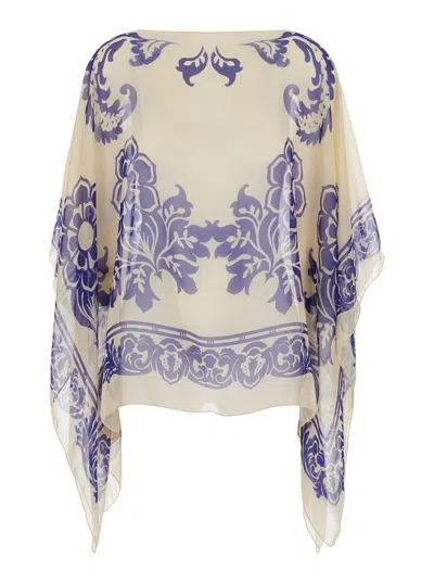 Etro Blue Cape With All-over Paisley Print In Silk Woman In Multi