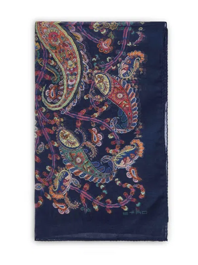 Etro Blue Cashmere Blend Paisley-pattern Scarf In Multi