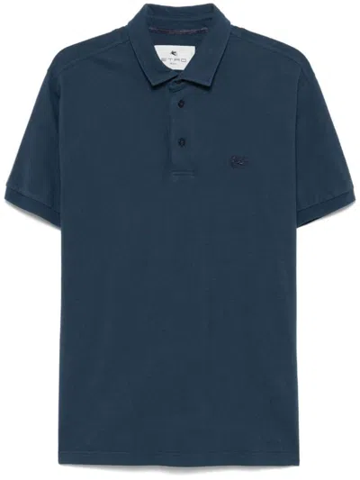 Etro Blue Cotton Polo Shirt With Embroidered Logo In Green