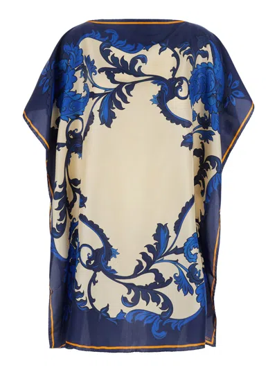 Etro Blue Dress With All-over Graphic Print And Straight Neckline In Silk Woman In Multi