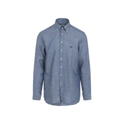 Etro Blue Embroidered Logo Linen Shirt