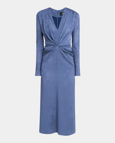 Etro Blue Fiore Long Sleeve Vneck Twist Sheath In Very Drk Blue 4