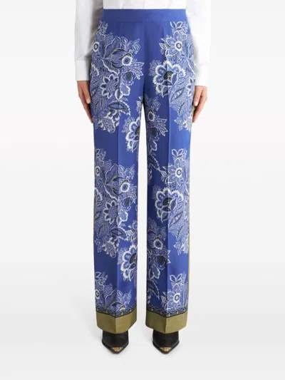 Etro Blue Floral Print Silk Pants For Women In Multi
