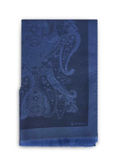 Etro Women Blue Jacquard Cotton Blend Paisley-pattern Scarf