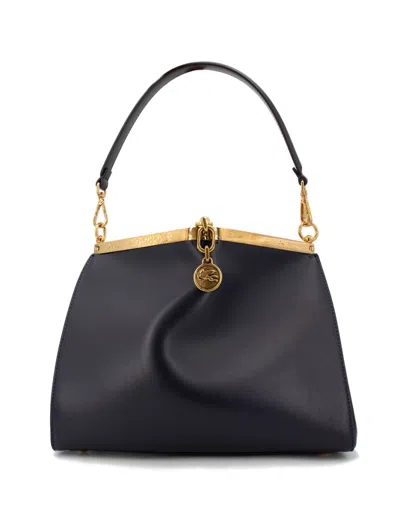 Etro Blue Leather Handbag With Iconic Medallion In Black