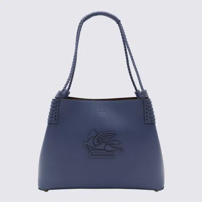 Etro Blue Calf Leather Shoulder Bag With Pegasus Emblem In Avion Blue