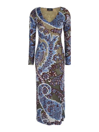 Etro Blue Long Dress With All-over Paisley Motiv In Viscose Blend