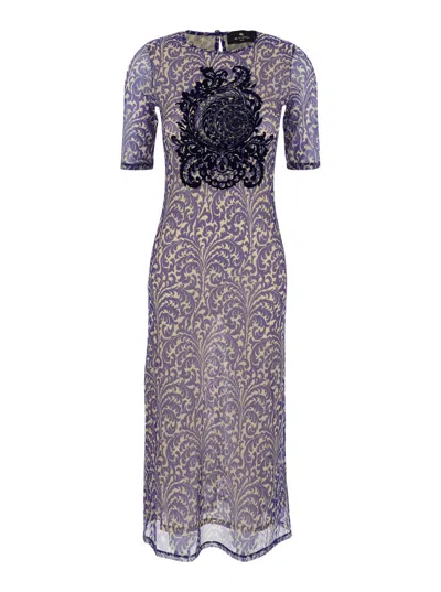 Etro Blue Long Dress With Maxi Floral Print On The Front And All-over Print In Tech Fabric Woman