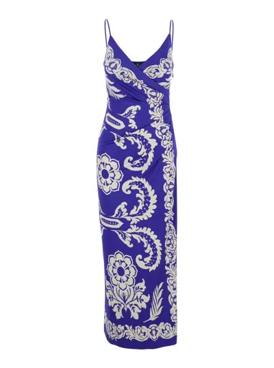 Etro Blue Long Dress With Spaghetti Straps And All-over Print
