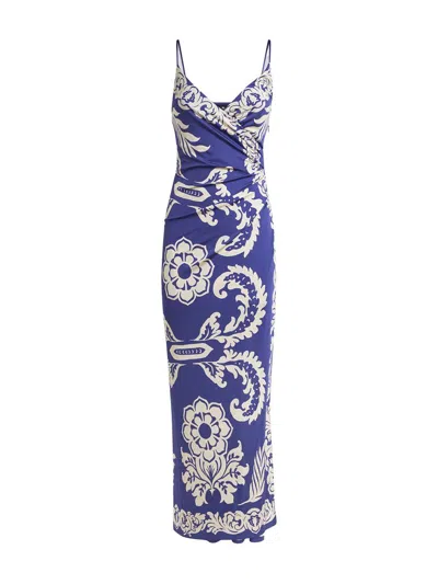Etro Blue Long Dress With Spaghetti Straps And All-over Print In Tech Fabric Stretch Woman