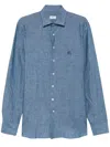 Etro Light Blue Linen Shirt With Embroidered Logo In Blue