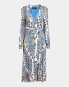 Etro Blue Medallion Jersey Midi Wrap Dress In Print On White Base