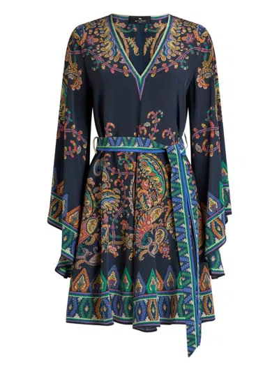 Etro Silk Mini Dress With Placed Floral Paisley Print And Belt In Blue