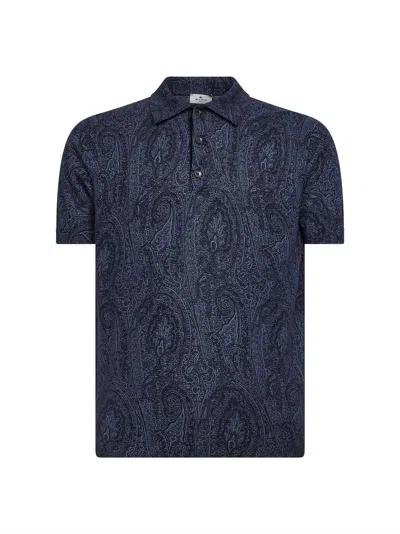 Etro Men Blue Paisley-pattern Cotton-silk Blend Knit Polo Shirt