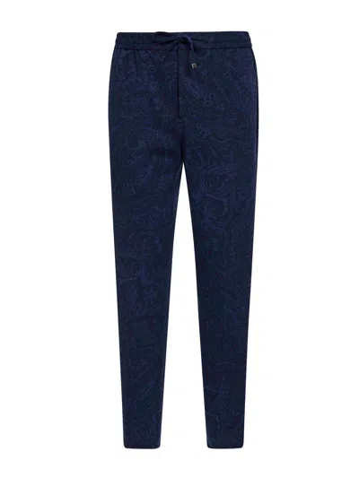 Etro Men Blue Paisley-pattern Seersucker Jersey Jogger Trousers