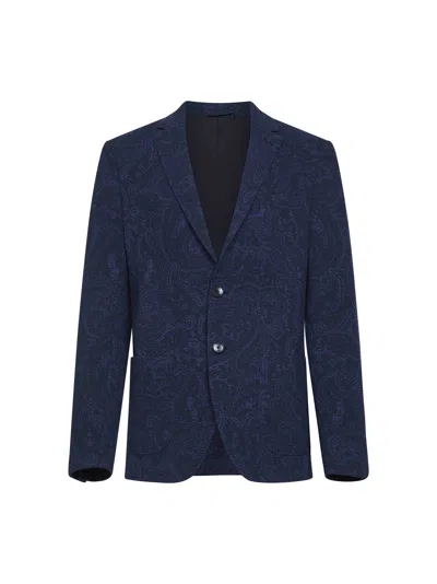 Etro Men Blue Paisley-pattern Seersucker Jersey Single-breasted Jacket