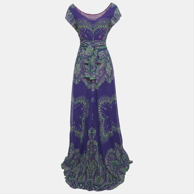 Pre-owned Etro Blue Paisley Print Crinkled Chiffon Maxi Dress S