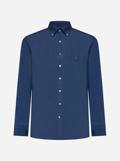 ETRO BLUE PAISLEY PRINT LOGO DENIM SHIRT