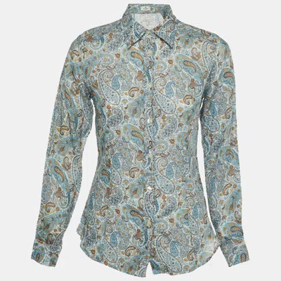 Pre-owned Etro Blue Paisley Print Ramie Button Front Shirt S