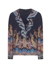 Etro Women's Long Sleeve Ruffled Neck Paisley Top In Blue