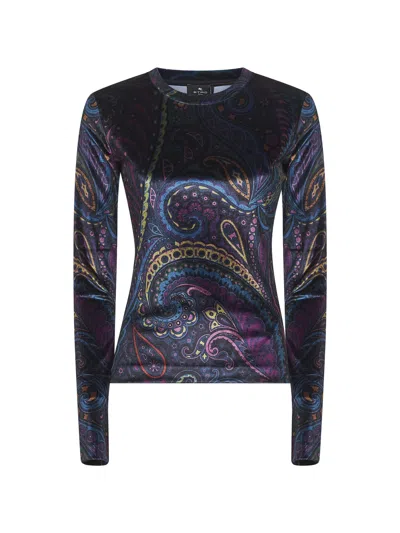 Etro Blue Paisley Print Stretch Chenille Top In Multi