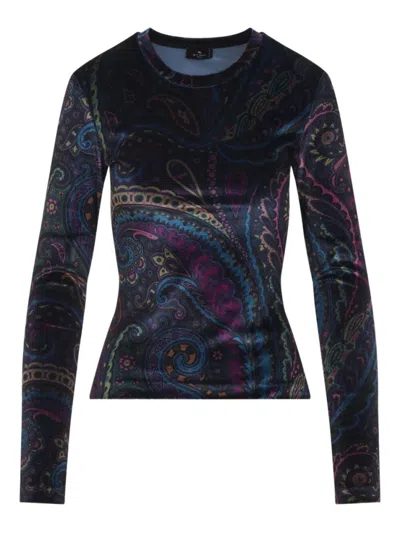 ETRO BLUE PAISLEY-PRINT VELVET TOP